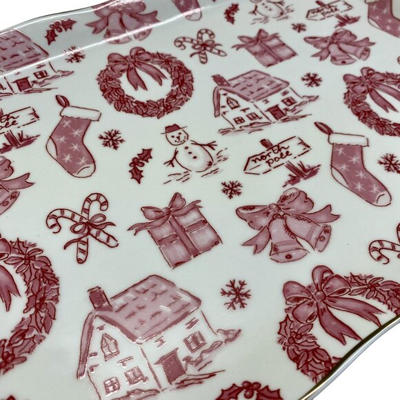 Christmas Toile Pattern Serving Tray Vintage Retro Ceramic Platter with Handles - Picture 6 of 7